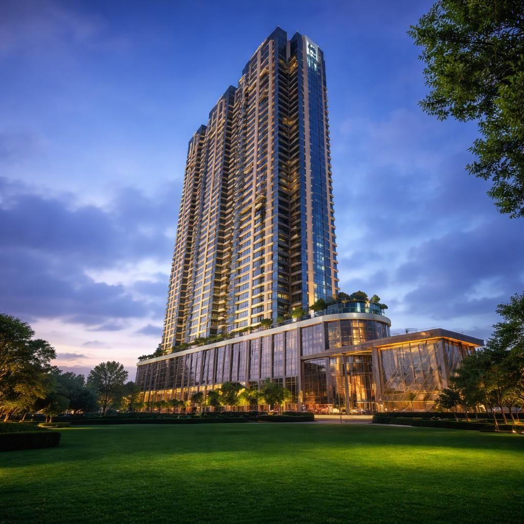 Satya Levante Residences tower at dusk